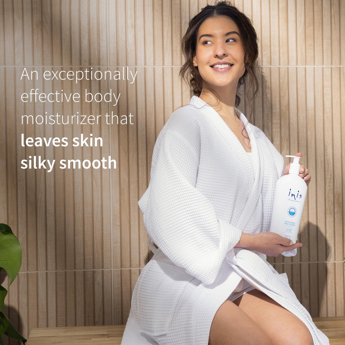 Applying Inis lotion to forearm, showing fast-absorbing hydration benefit