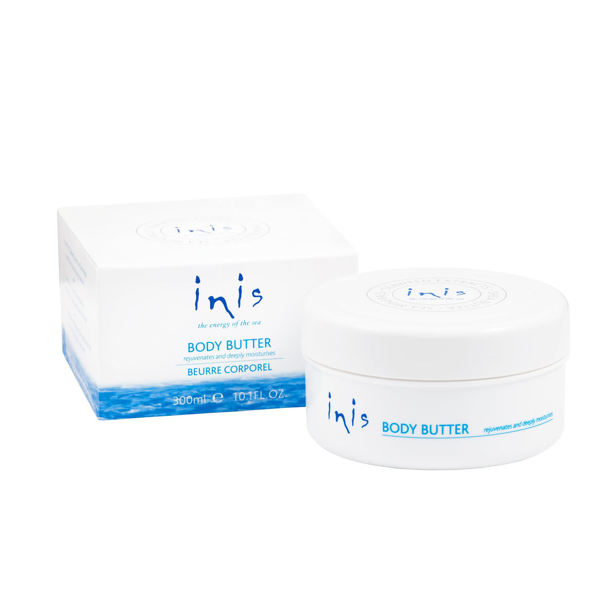 Inis jar front packaging showing label and size, promotes luxurious hydration