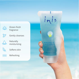 Inis body wash in hand creating lather for gentle cleansing