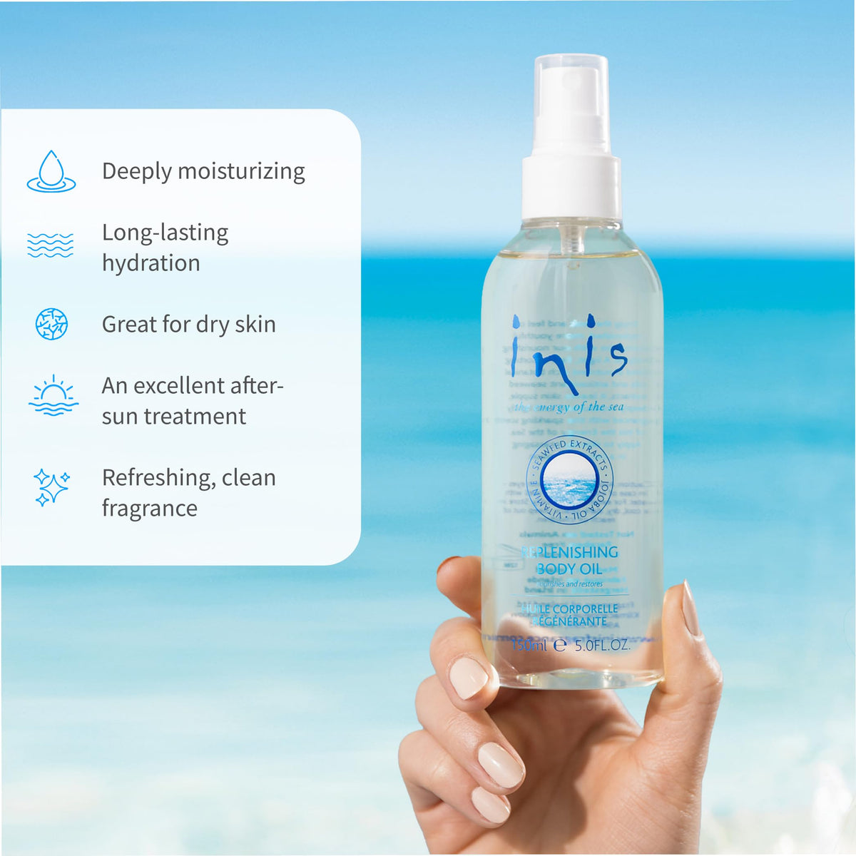 Inis bottle label detailing ingredients and Irish origin benefits