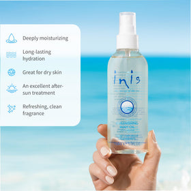 Inis bottle label detailing ingredients and Irish origin benefits