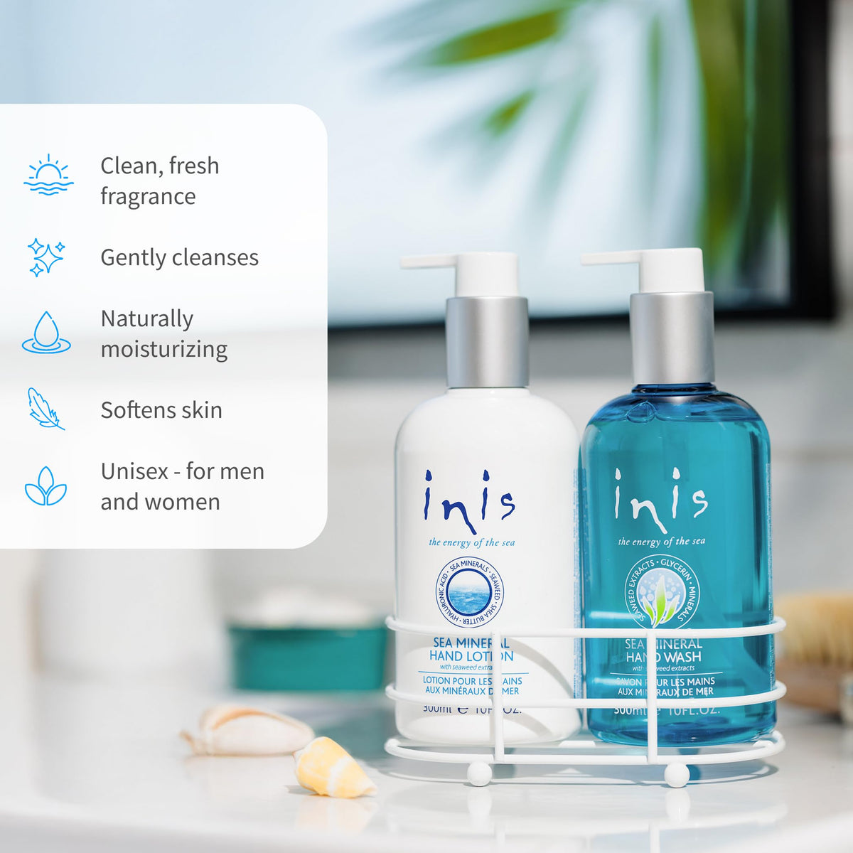 Inis caddy styled on sink showing organized bottles and decorative coastal vibe