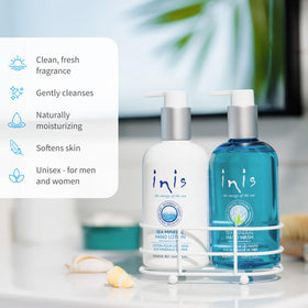 Inis caddy styled on sink showing organized bottles and decorative coastal vibe