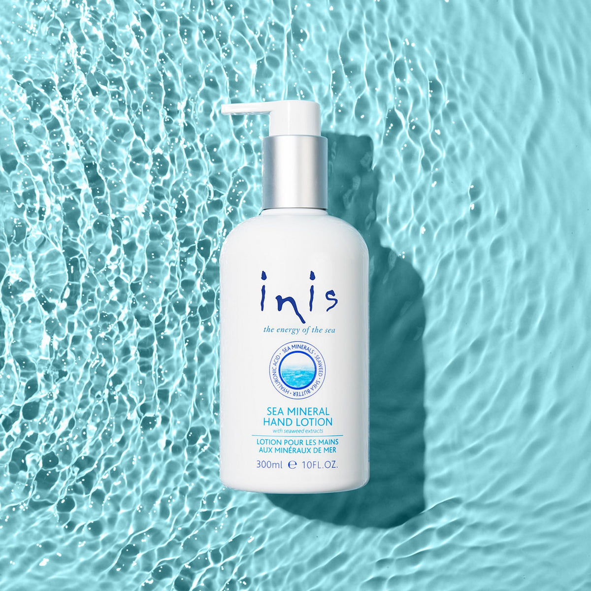 Inis the Energy of the Sea bottle staged on a bathroom sink for daily use convenience