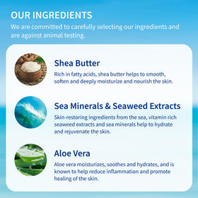 Inis body butter styled on bathroom shelf near towel, evokes coastal freshness
