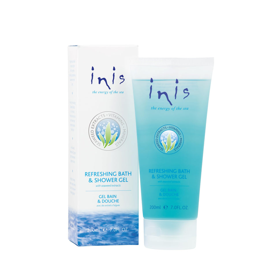 Inis bottle front view showing clean ocean scent and benefits