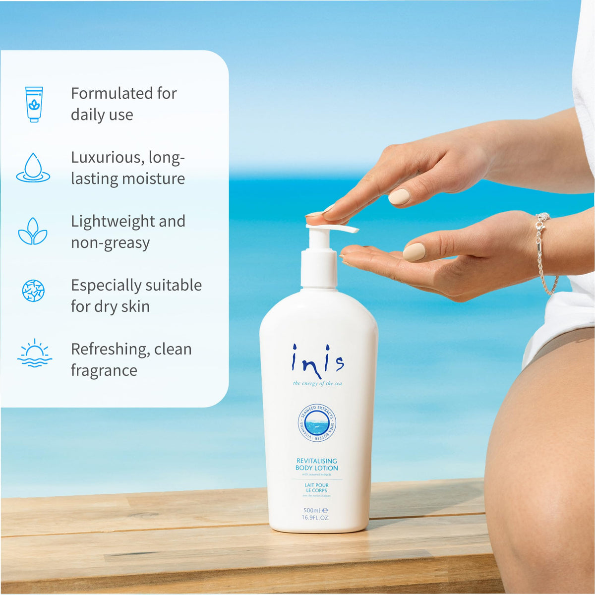 Seaweed and sea minerals ingredient visual with Inis, marine-conditioning benefit