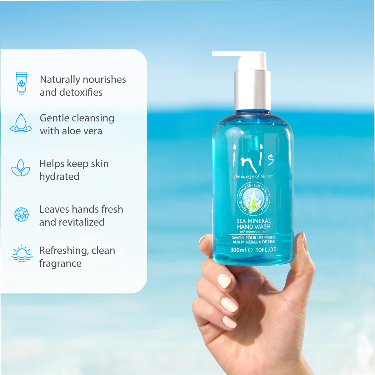 Inis the Energy of the Sea hand wash next to sink showing compact 10 fl oz size