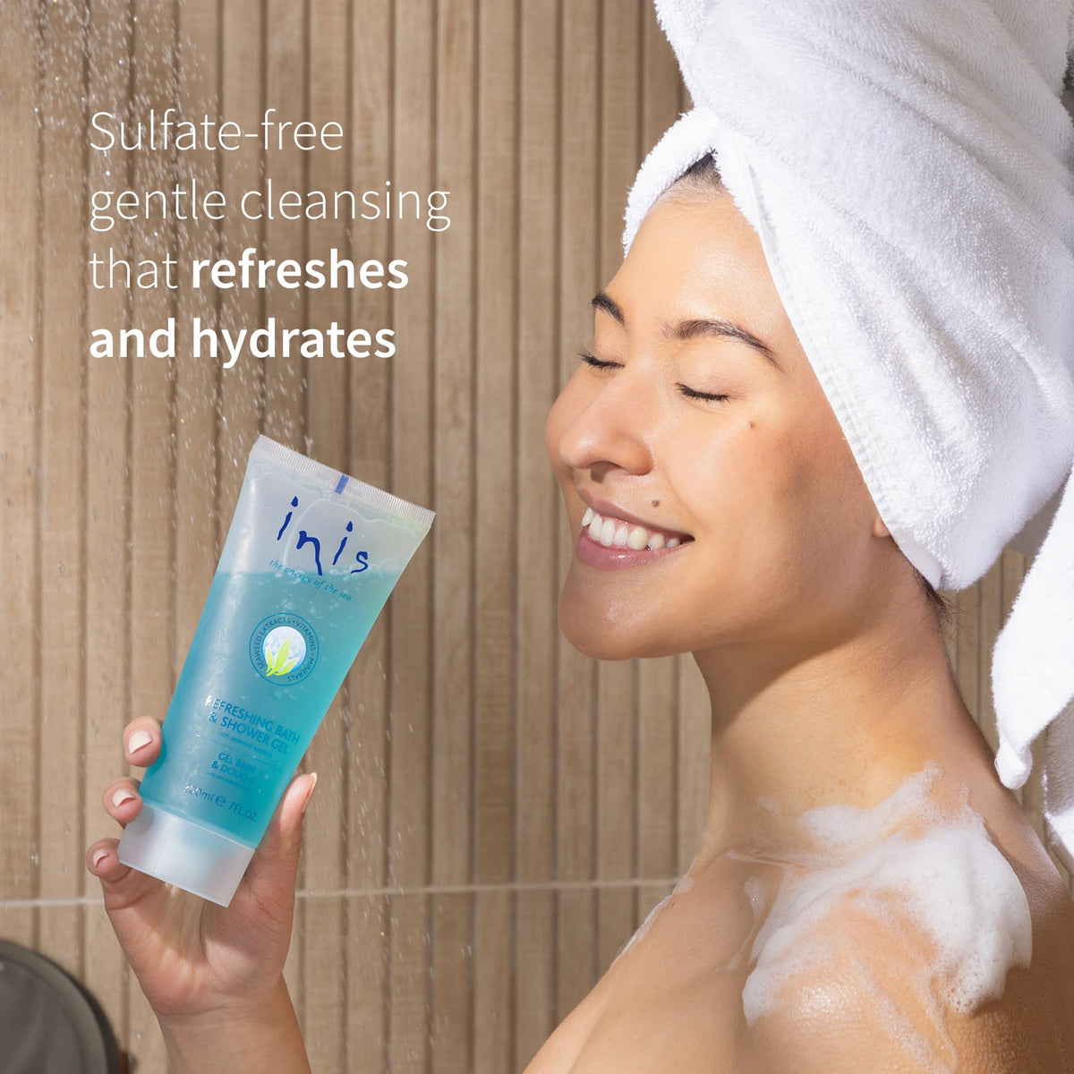 Inis foamy texture close-up demonstrating mild lather and softness