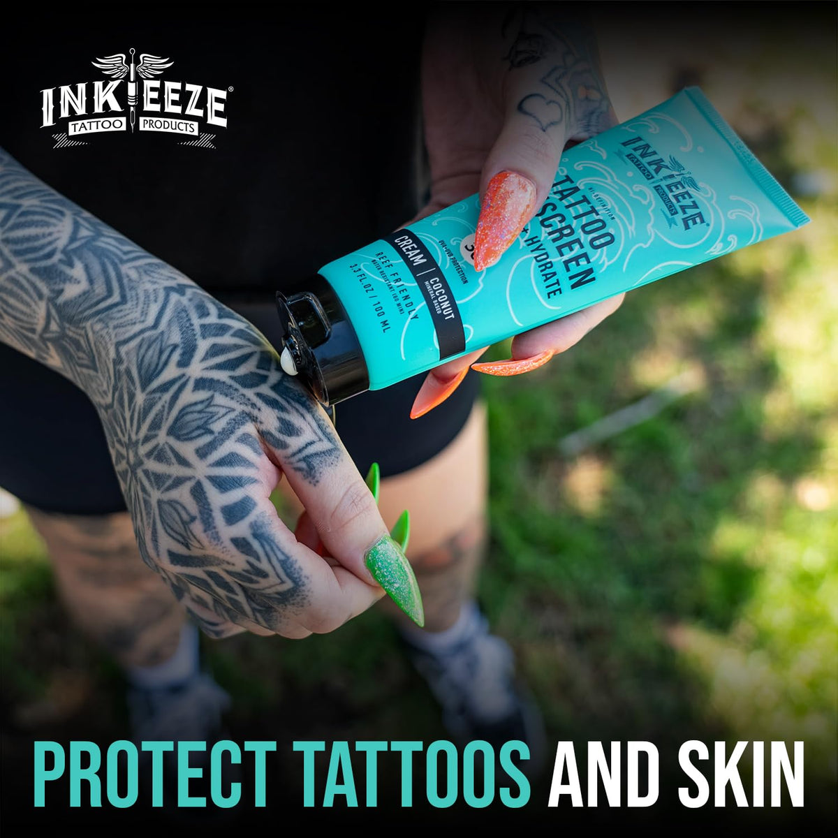 Ink-Eeze applied on forearm tattoo, preserves color and contrast