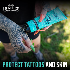 Ink-Eeze applied on forearm tattoo, preserves color and contrast