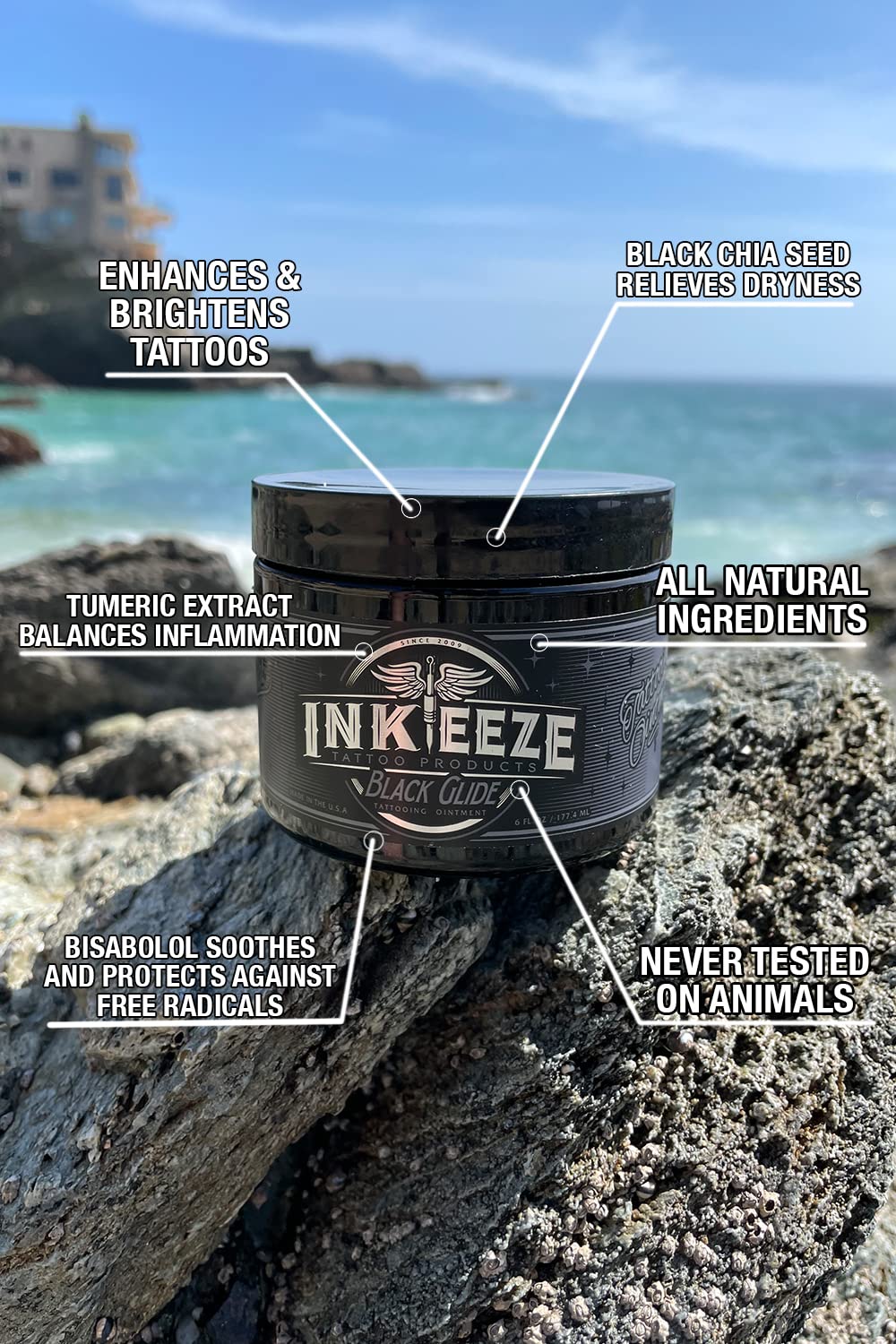 INK-EEZE 6oz jar beside hand for scale to show generous size