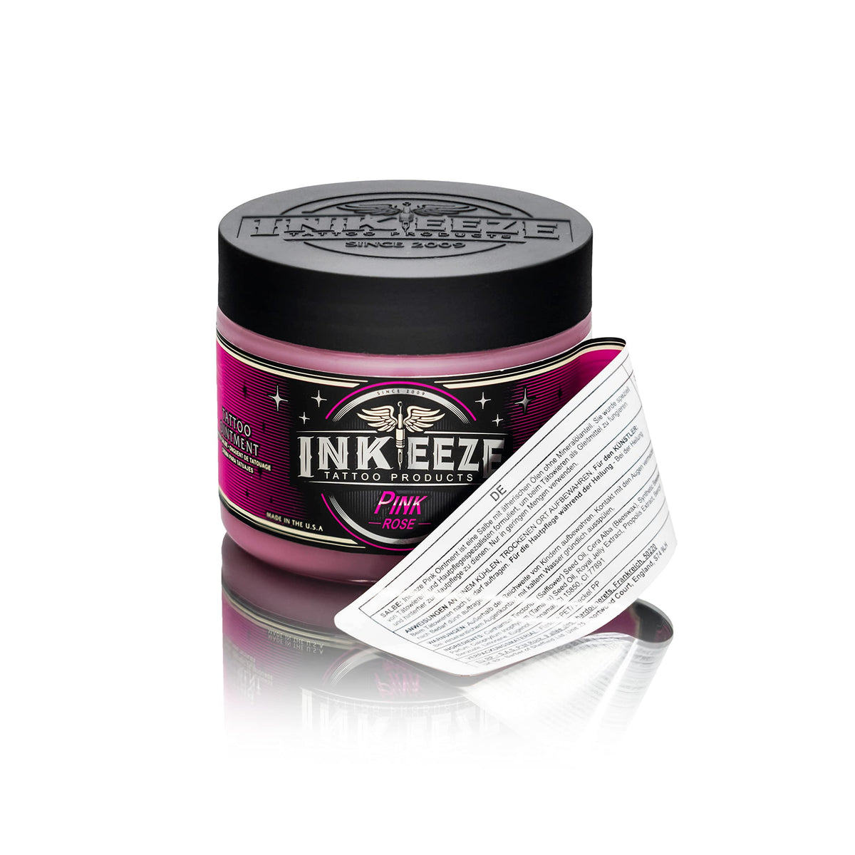 INK-EEZE ingredient label close-up highlighting botanical oils and waxes for nourishment benefit