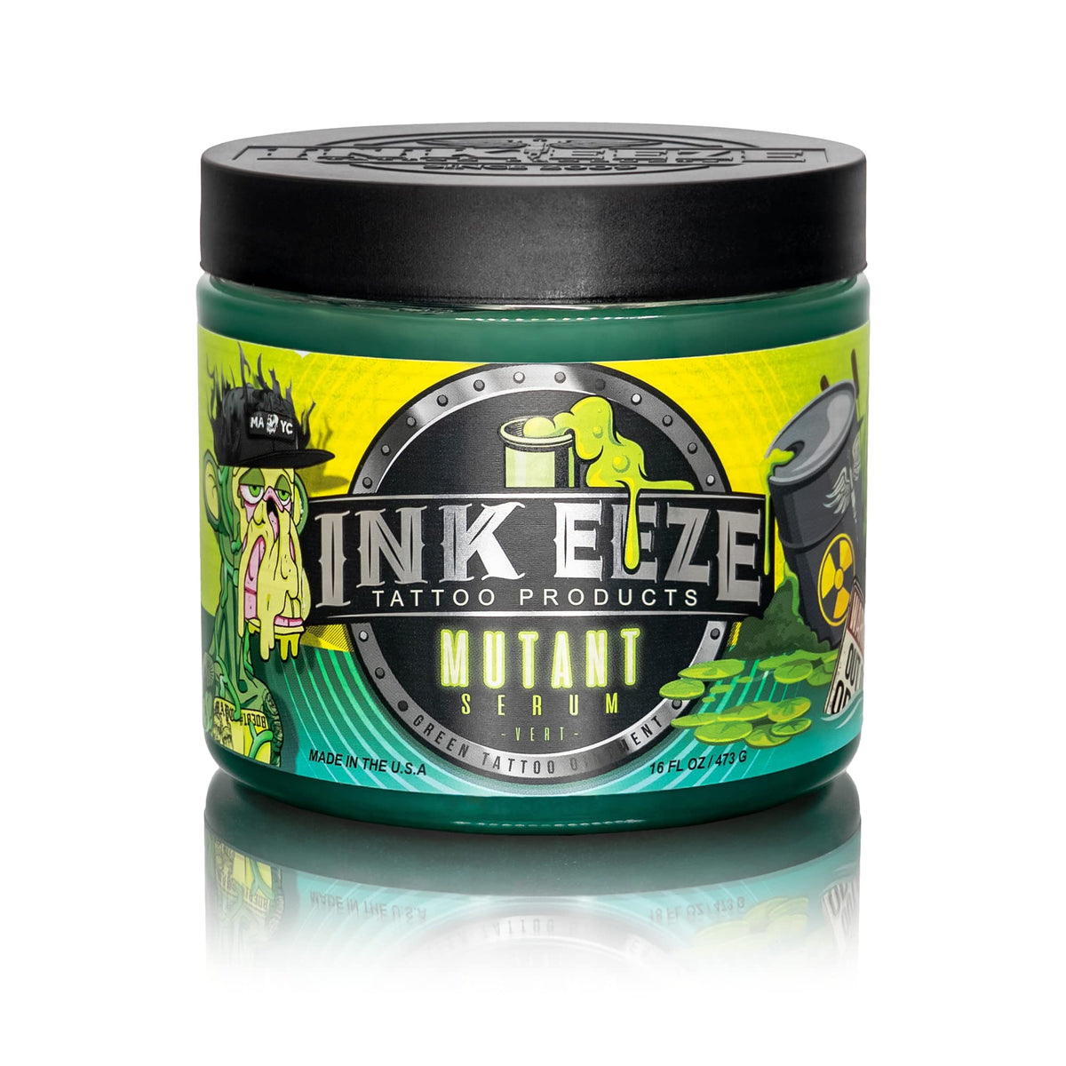 INK-EEZE Mutant Serum 16oz jar front view showing collectible artwork and clear branding