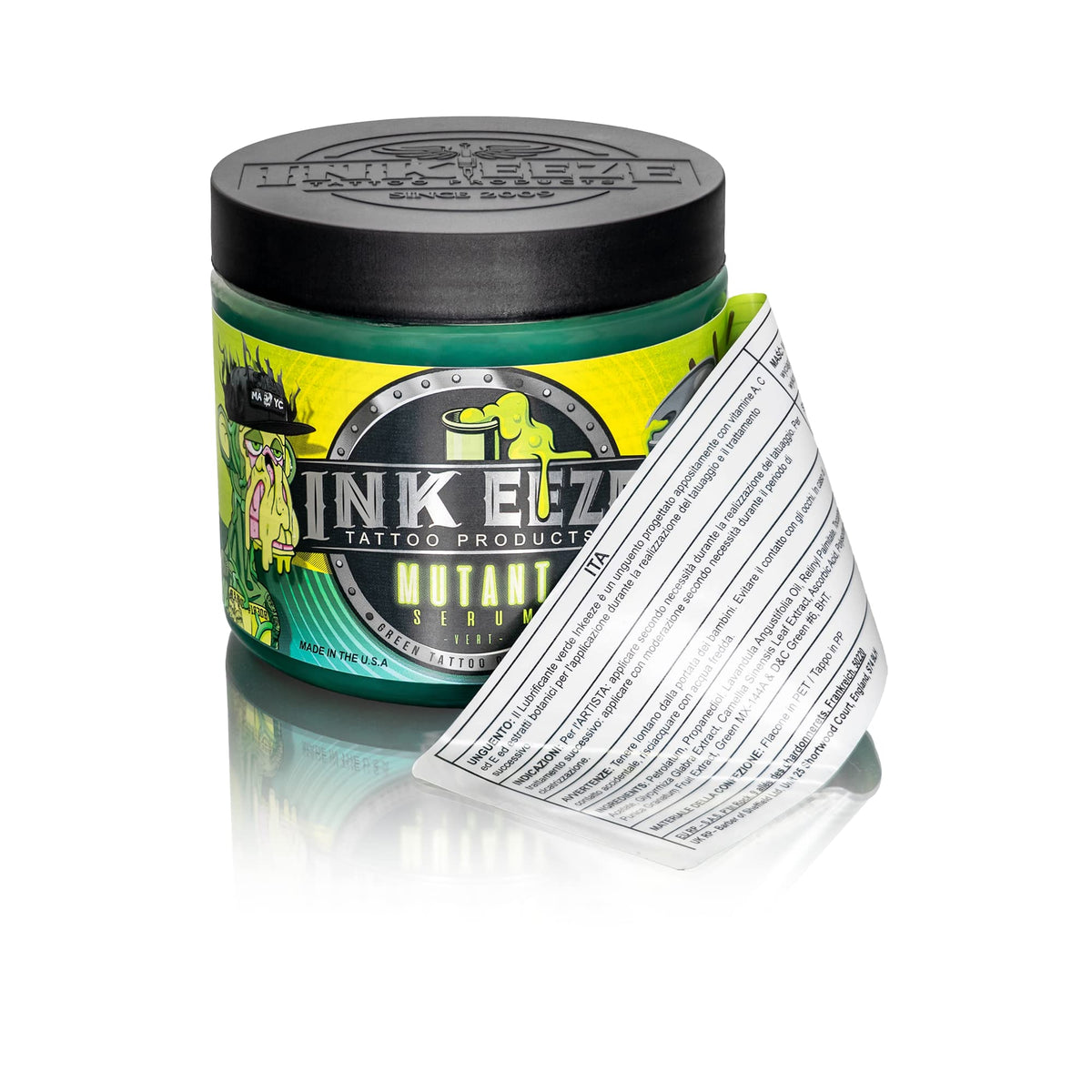 Flat lay of INK-EEZE ingredient list card highlighting botanical extracts and vitamins