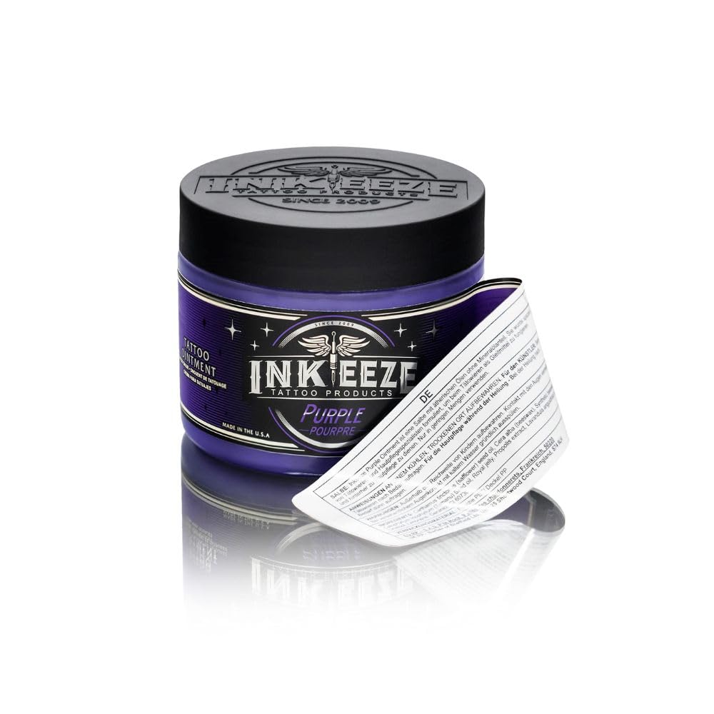INK-EEZE purple ointment applied to skin during tattooing, demonstrates reduced friction benefit