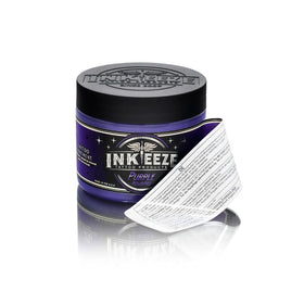 INK-EEZE purple ointment applied to skin during tattooing, demonstrates reduced friction benefit