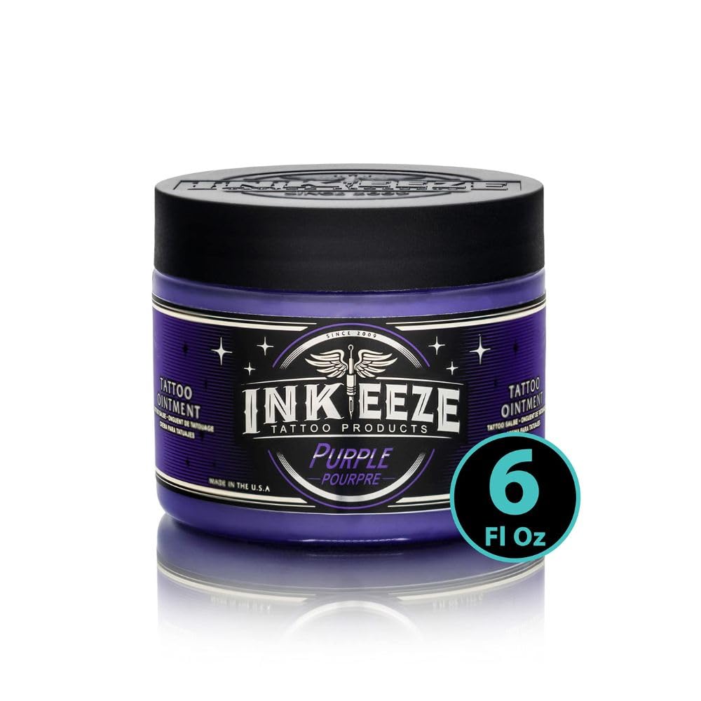 INK-EEZE purple ointment front packaging showing jar and brand, highlights safe aftercare