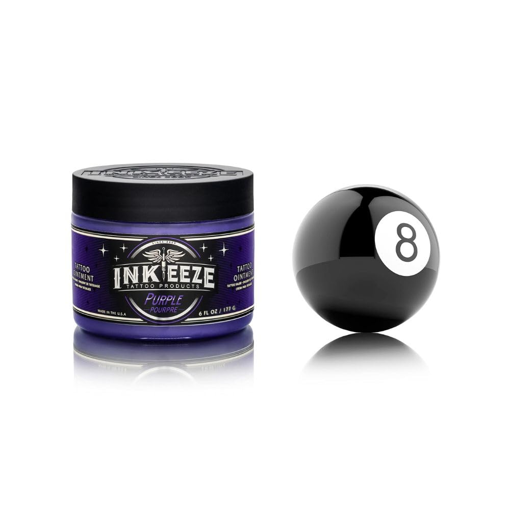 INK-EEZE purple ointment label close-up, displays lavender scent and petroleum-free claim