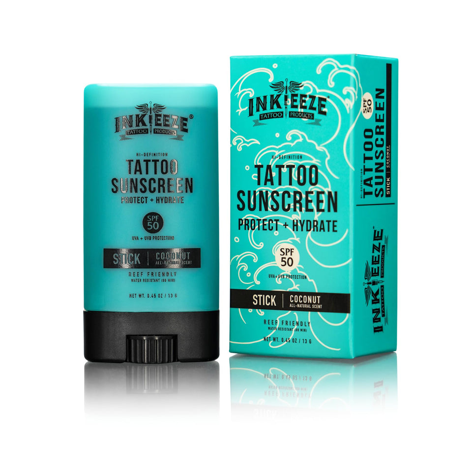 INK-EEZE front packaging view showing compact sunscreen stick and SPF50 protection