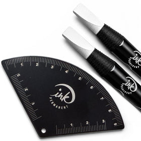 Ink Permanent front view showing ruler and pencils for precise brow mapping