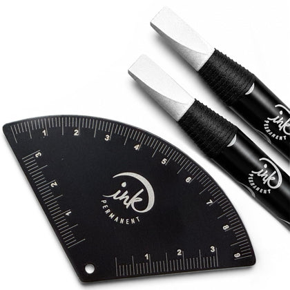 Ink Permanent front view showing ruler and pencils for precise brow mapping