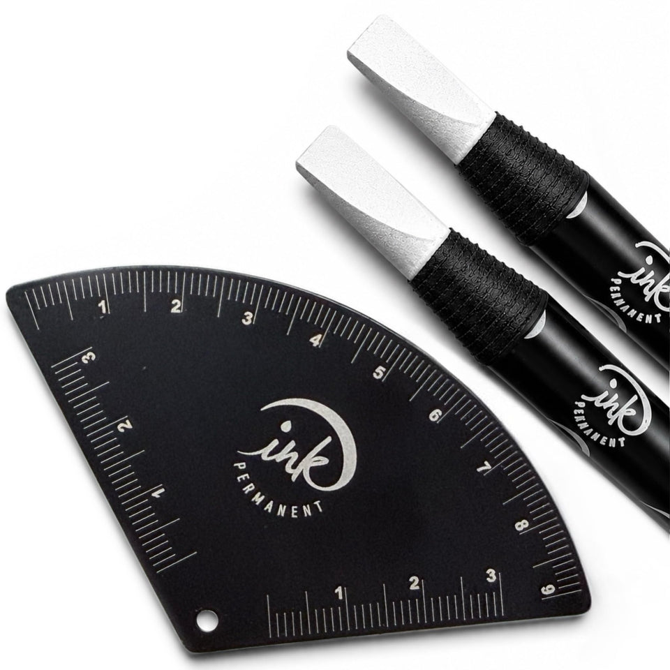 Ink Permanent front view showing ruler and pencils for precise brow mapping