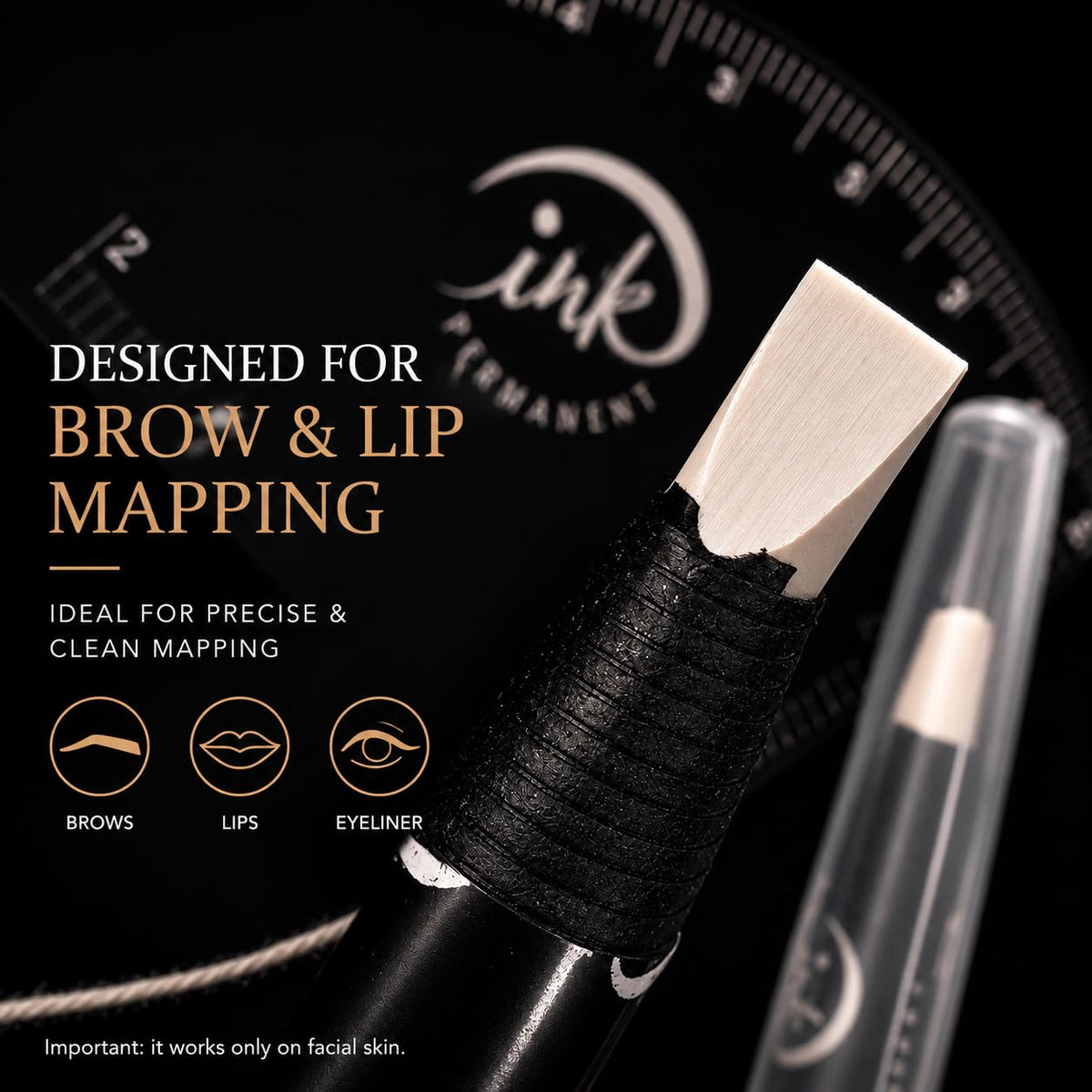Ink Permanent ruler in use aligned on forehead for faster symmetry