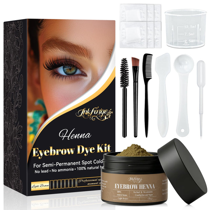 InkForge front packaging showing natural light brown tint kit and clear labeling benefit