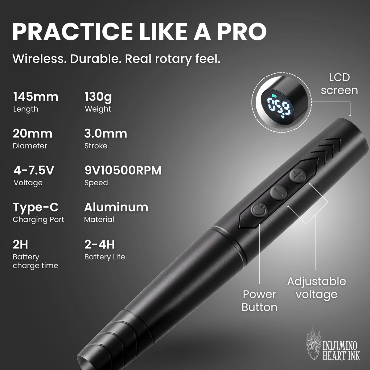 Inlumino Heart Ink pen in hand displaying size and comfortable handling