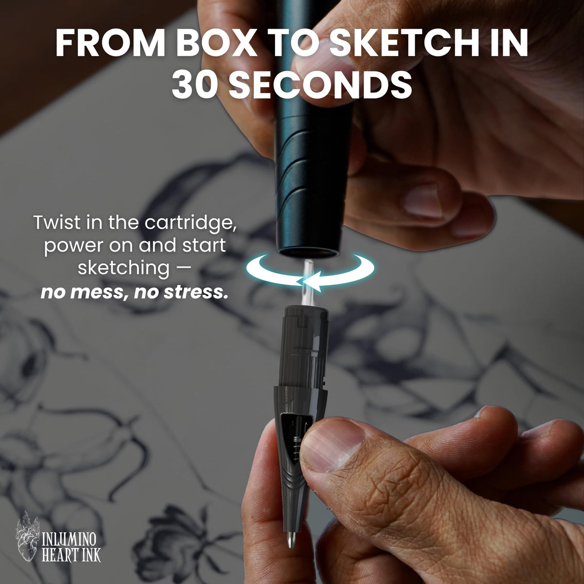 Inlumino Heart Ink pen needle tip detail showing cartridge fit and smooth delivery
