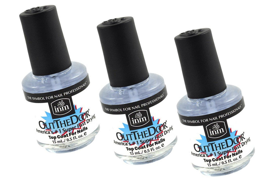 inm Out The Door front packaging showing three compact bottles and quick-dry benefit
