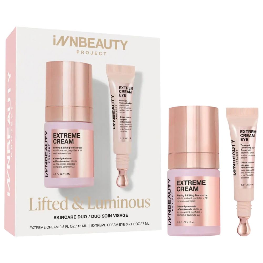 Innbeauty Project travel set front packaging showing compact moisturizer and eye cream for firming