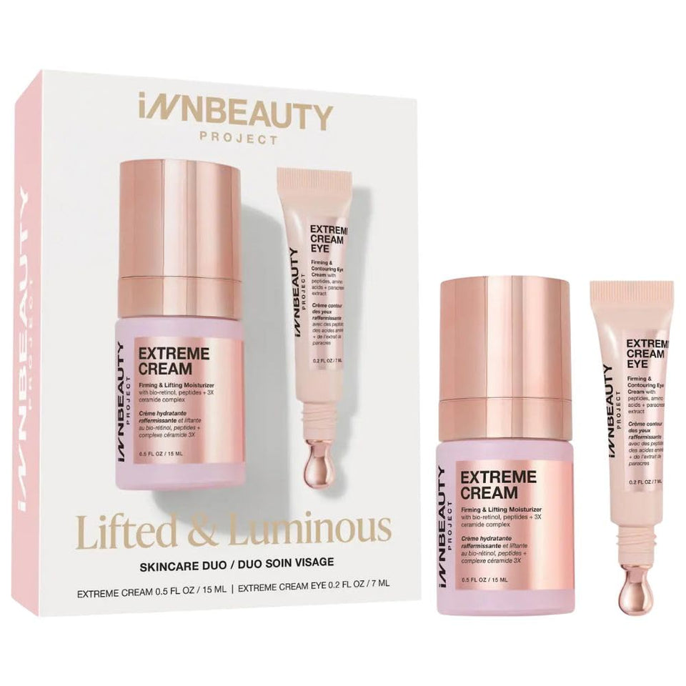 Innbeauty Project travel set front packaging showing compact moisturizer and eye cream for firming