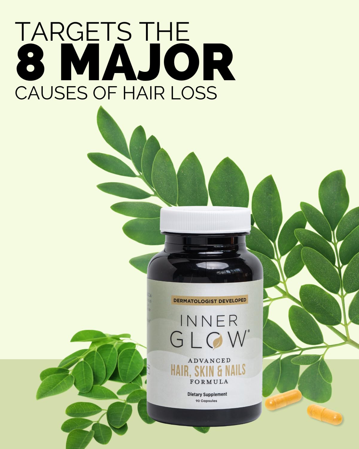 Inner Glow bottle open with capsules spilled, emphasizes three-capsule daily dose