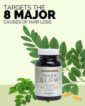 Inner Glow bottle open with capsules spilled, emphasizes three-capsule daily dose