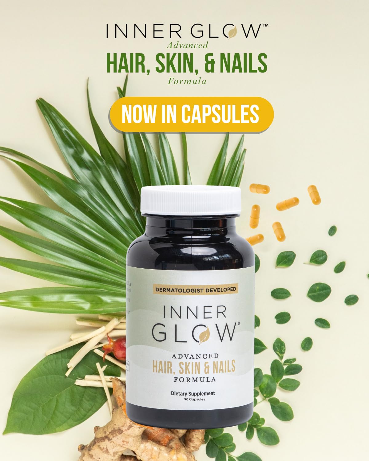 Inner Glow capsule close-up revealing texture and size, highlights easy daily use
