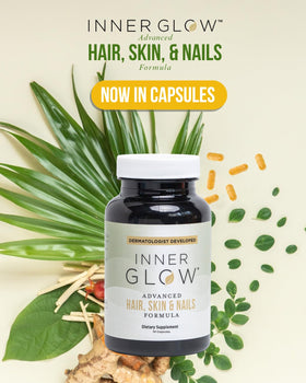 Inner Glow capsule close-up revealing texture and size, highlights easy daily use
