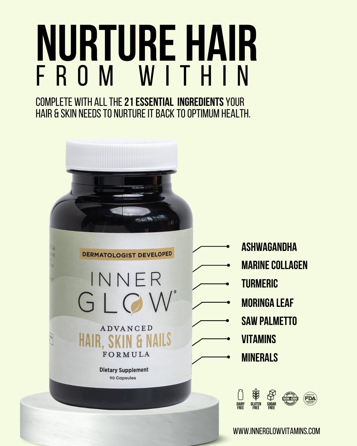 Inner Glow ingredient collage with collagen, saw palmetto, moringa, shows targeted formula