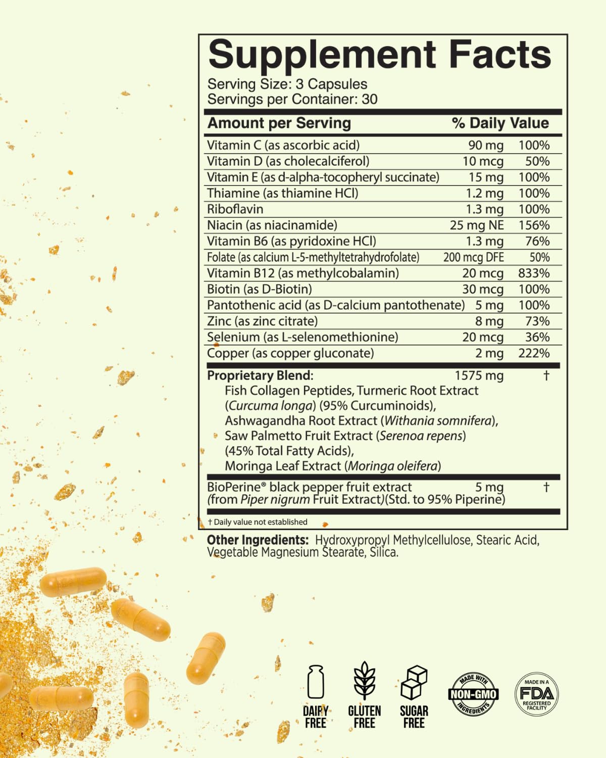 Inner Glow nutrition facts label close-up, confirms clinical-strength ingredients