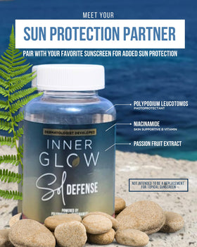 Inner Glow label detail showing ingredient list, emphasizes Polypodium Leucotomos and safety