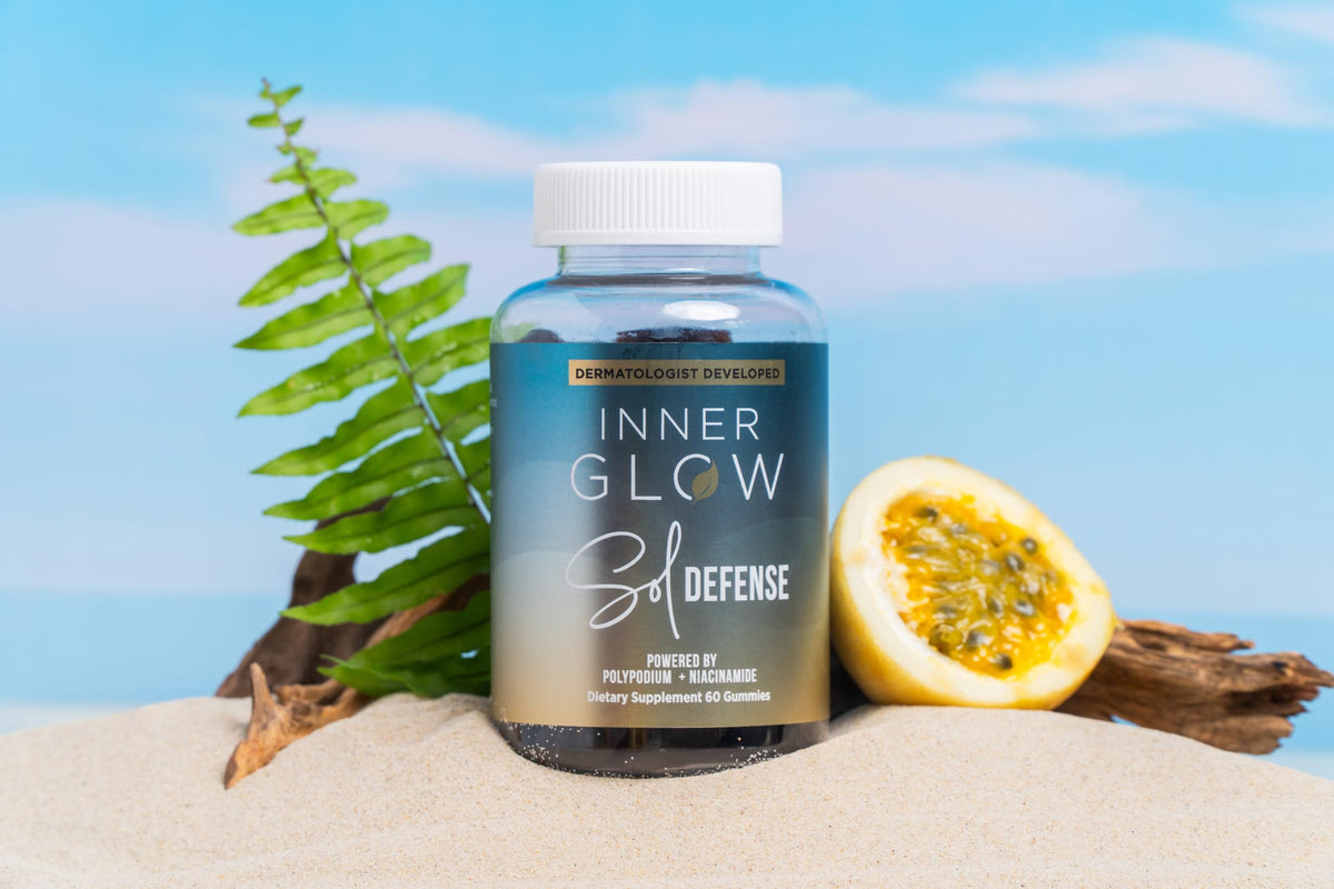 Inner Glow bottle in a beach bag setting, suggests outdoor protection-support benefit