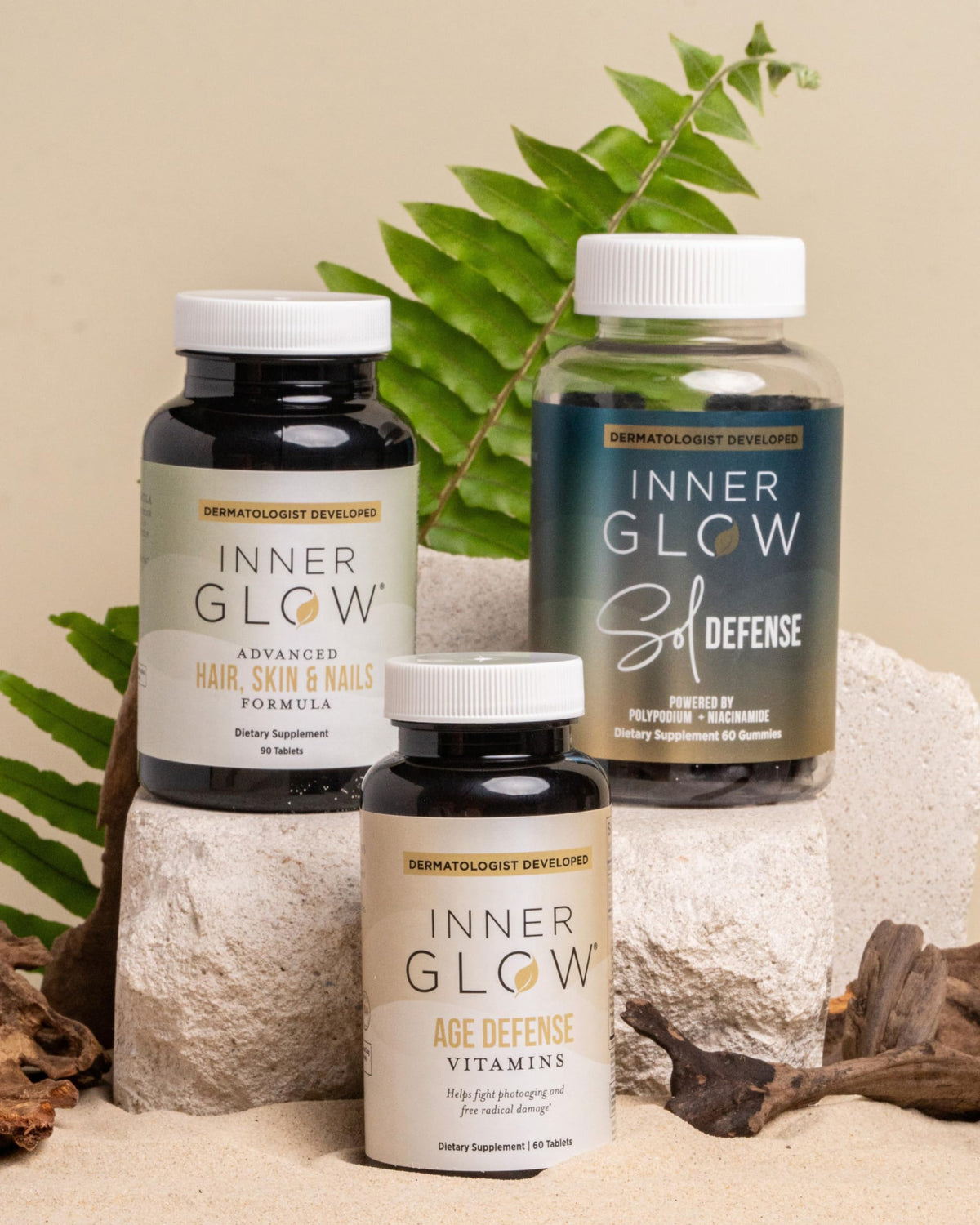 Inner Glow packaging with certification icons, highlights halal kosher and quality assurance