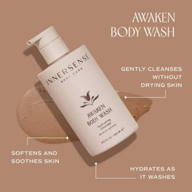 INNERSENSE Awaken bottle next to measuring cup showing 8.5 fl oz volume benefit