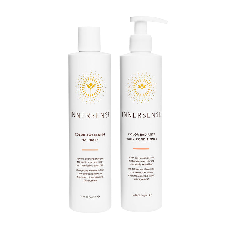 INNERSENSE duo front packaging showing both 10 fl oz bottles and clear labels to identify product benefits