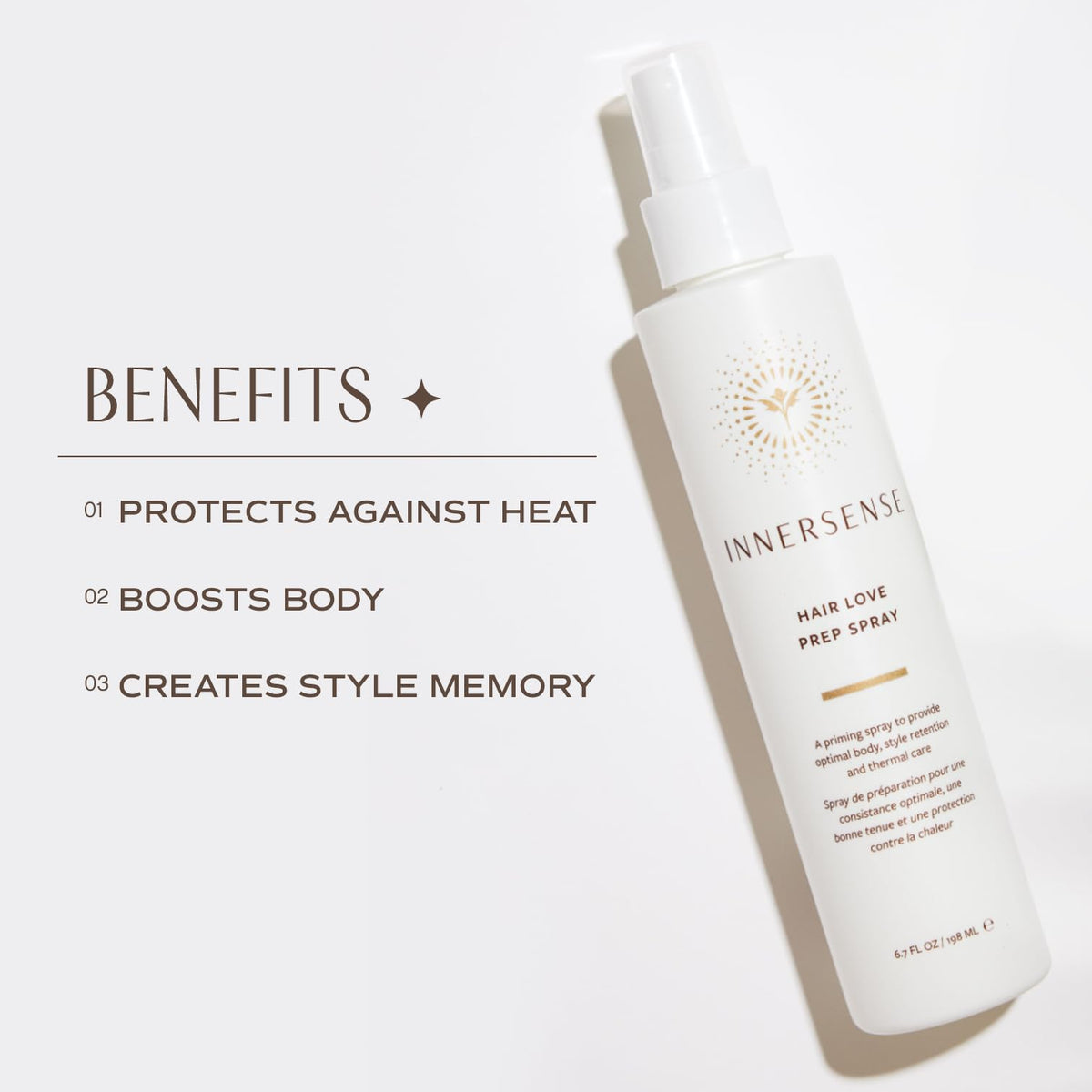 INNERSENSE applying spray to damp hair for styling protection