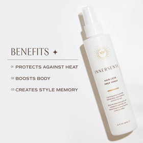 INNERSENSE applying spray to damp hair for styling protection