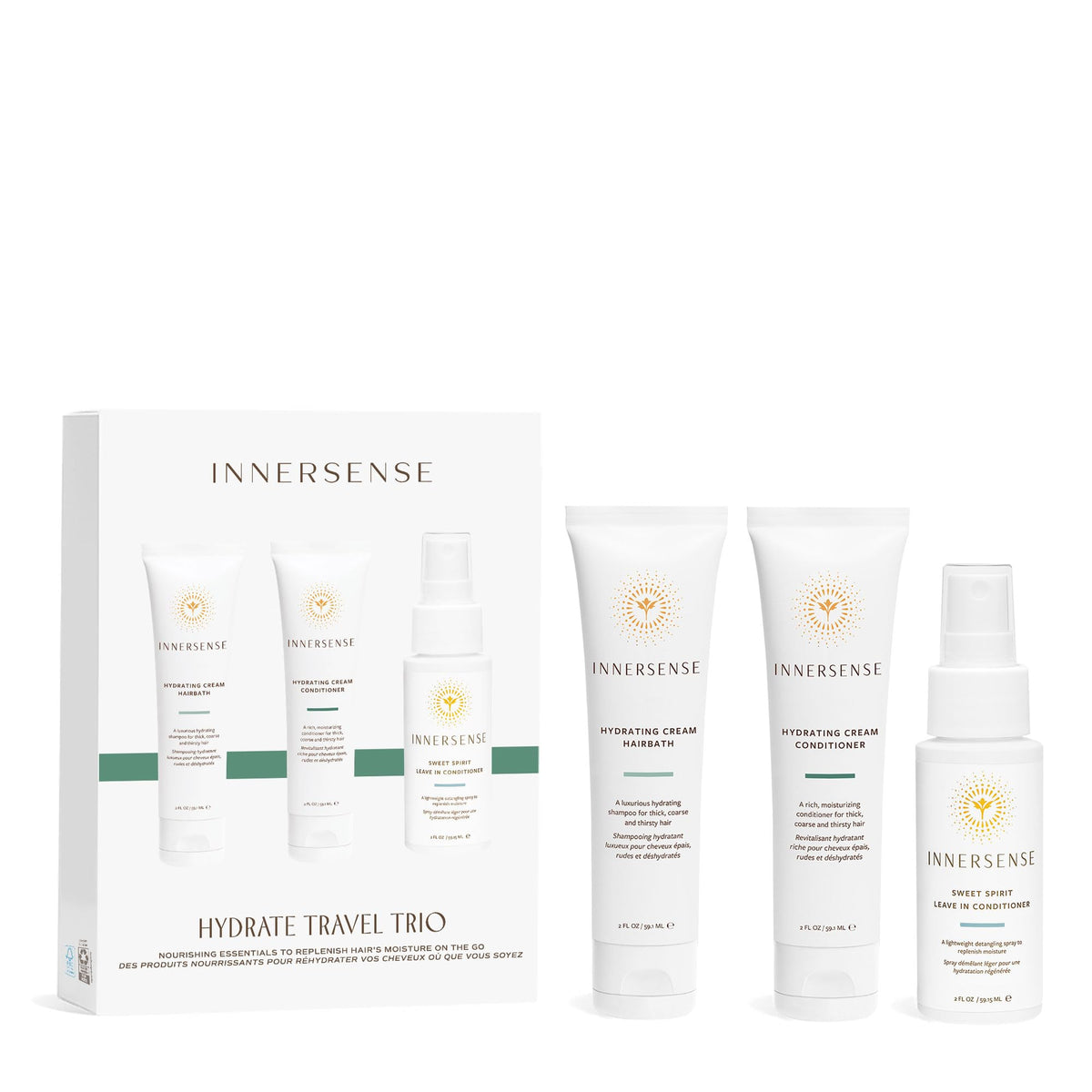 INNERSENSE travel trio front packaging showing compact bottles and benefits