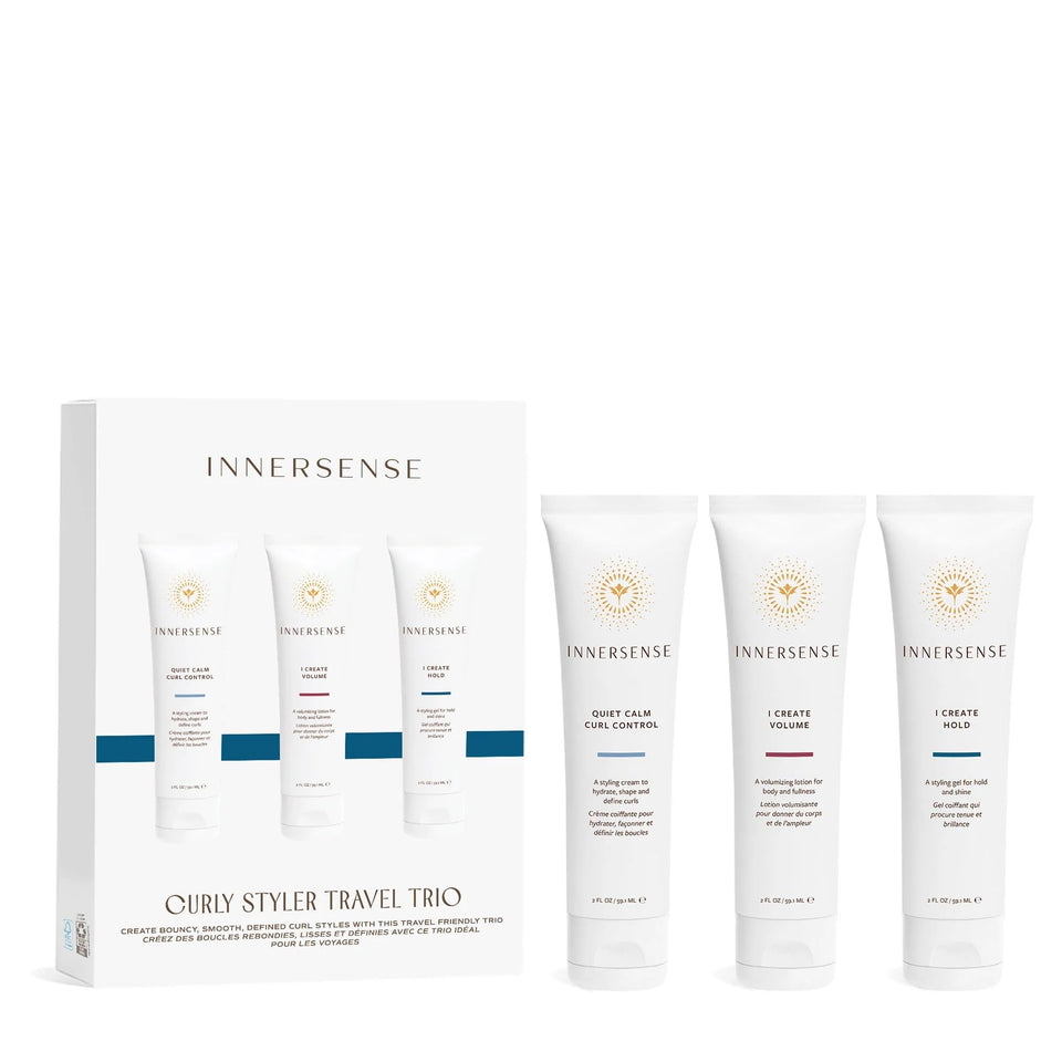 INNERSENSE trio front packaging shows three travel-size stylers and travel convenience