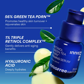 innisfree bottle next to a ruler to show compact 0.84 fl oz travel-friendly size